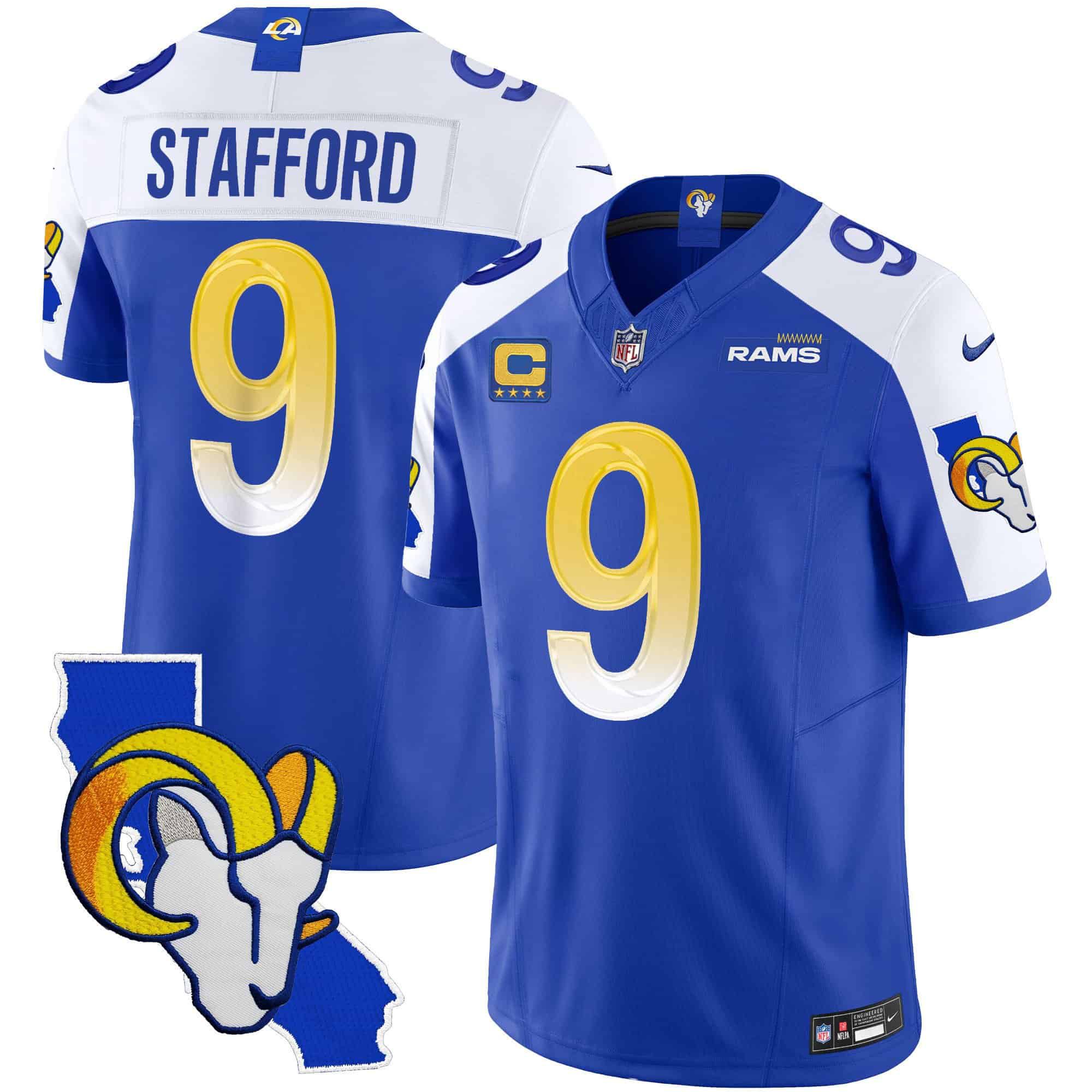 Men Los Angeles Rams 9 Stafford Blue 2024 Nike California Patch Vapor Limited NFL Jersey
